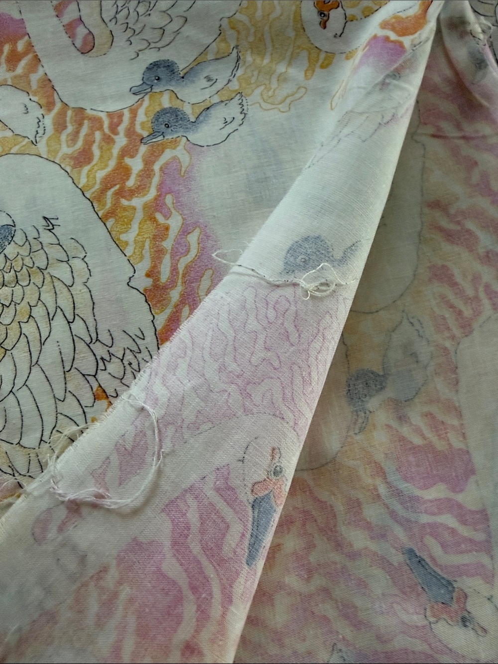 Swan Print Cotton Fabric Panel in Pastel Pink, Yellow & Gray - Picture 2 of 4